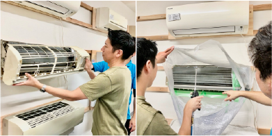 エアコン清掃をする2人の男性