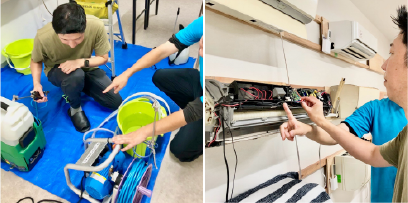 エアコン清掃の道具の説明を受ける男性